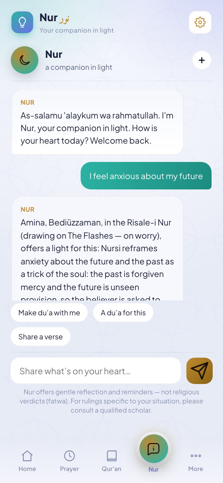 Nur companion chat answering a question about anxiety, citing the Risale-i Nur