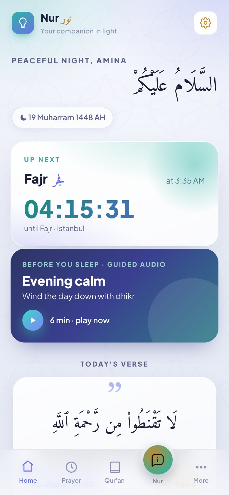 Nur an-Nur home screen: Fajr countdown for Istanbul, guided evening session and today's verse