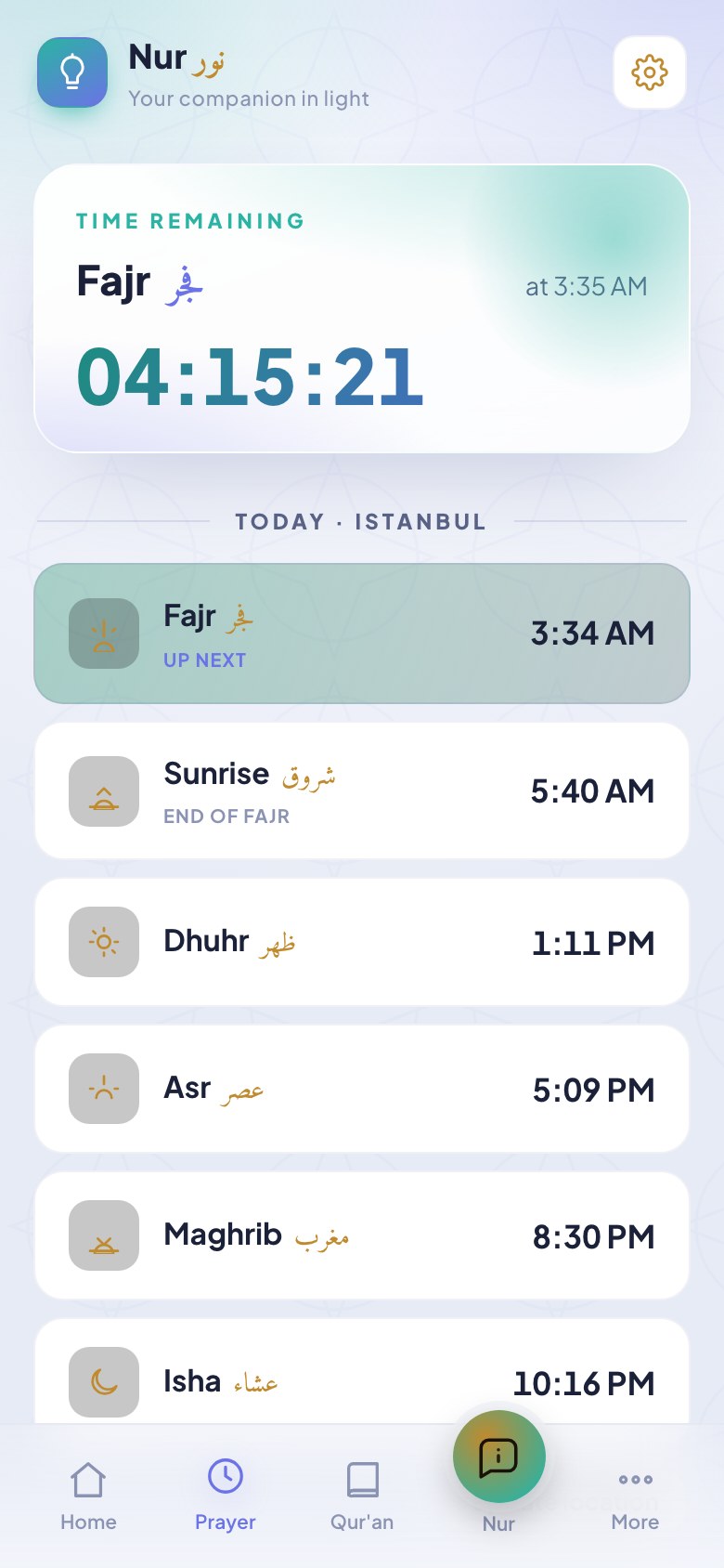 Prayer times screen for Istanbul with countdown to Fajr and the full day's times