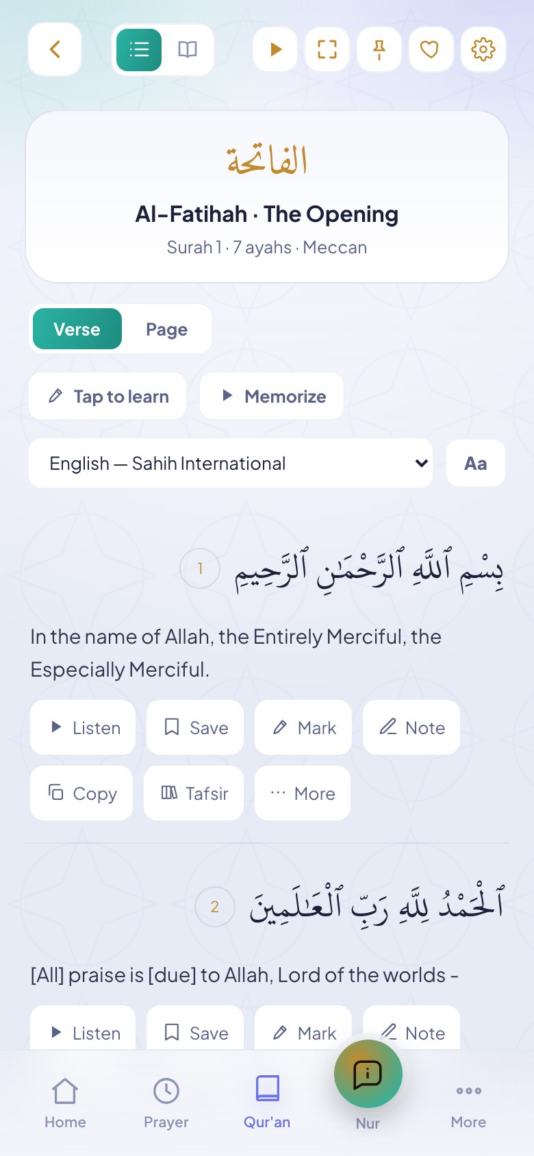 Qur'an reader showing Al-Fatihah in the Uthman Taha Madinah script with English translation